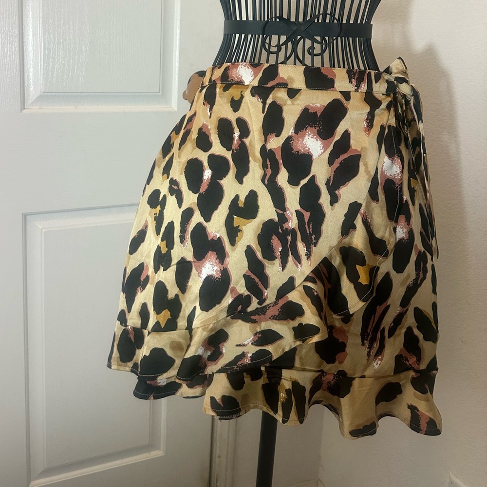 Nasty Gal Leopard Satin Wrap Mini Skirt - Black, Gold & Pink